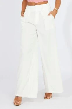 White Wide Leg Pants High Rise -Midi Dresses Style bt3649 81pb white 3