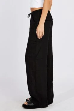 Black Wide Leg Pants Mid Rise Linen Blend -Midi Dresses Style bt3673 47p black 4