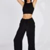 Black Wide Leg Pants Textured Fabric