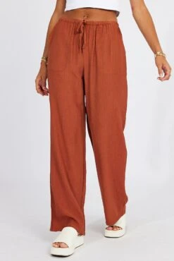 Brown Wide Leg Pants Textured Fabric