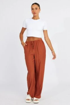 Brown Wide Leg Pants Textured Fabric -Midi Dresses Style bt3674x 47p rust 3