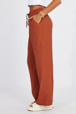 Brown Wide Leg Pants Textured Fabric -Midi Dresses Style bt3674x 47p rust 4