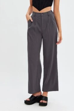 Grey Wide Leg Pants High Rise