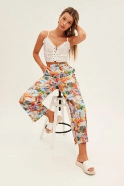 Orange Abstract Pant Wide Leg Postcard Holiday Print