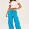 Blue Cargo Pant Wide Leg Elastic Waist Cotton Twill -Midi Dresses Style bt9249 81mb ocean 3