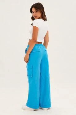 Blue Cargo Pant Wide Leg Elastic Waist Cotton Twill -Midi Dresses Style bt9249 81mb ocean 5