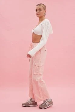 Pink Cargo Pant Wide Leg Elastic Waist Cotton Twill -Midi Dresses Style bt9249 81mb pale pink 4