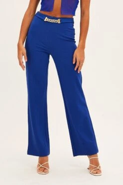 Blue High Waist Pant Straight Leg Chain Belt -Midi Dresses Style bt9275 81mb cobalt 2