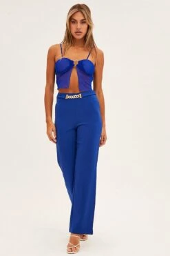Blue High Waist Pant Straight Leg Chain Belt -Midi Dresses Style bt9275 81mb cobalt 3
