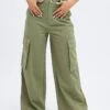 Green Wide Leg Pants Cargo Pockets -Midi Dresses Style bt9334 34mb olive 1