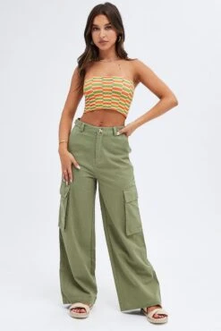 Green Wide Leg Pants Cargo Pockets -Midi Dresses Style bt9334 34mb olive 3