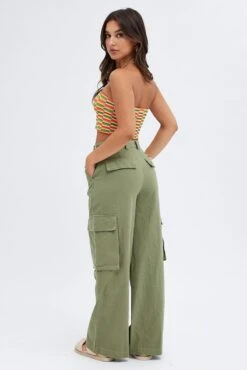 Green Wide Leg Pants Cargo Pockets -Midi Dresses Style bt9334 34mb olive 5