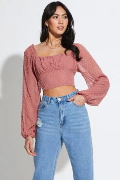 Pink Crop Top Long Sleeve Square Neck