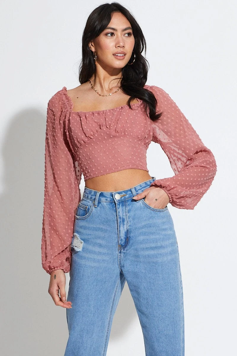 Pink Crop Top Long Sleeve Square Neck 3 Pink Crop Top Long Sleeve Square Neck