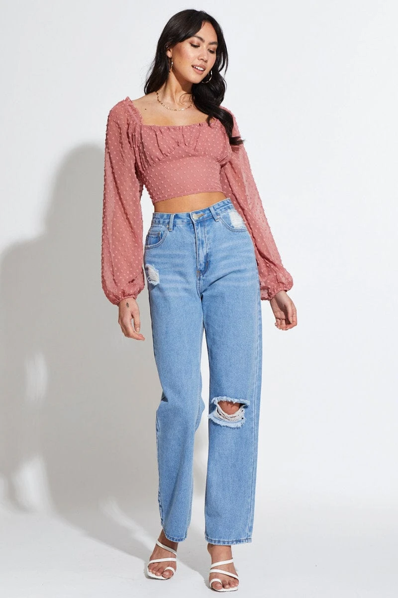 Pink Crop Top Long Sleeve Square Neck 4 Pink Crop Top Long Sleeve Square Neck - Image 2