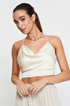 White Crop Top Sleeveless Cowl Neck Satin -Midi Dresses Style cami white crop top sleeveless cowl neck satin 32966887342273