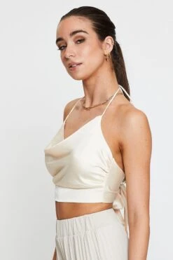 White Crop Top Sleeveless Cowl Neck Satin -Midi Dresses Style cami white crop top sleeveless cowl neck satin 32966887375041