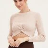 Beige Knit Top Long Sleeve Crop -Midi Dresses Style crop knitted camel knit top long sleeve crop 32966433439937