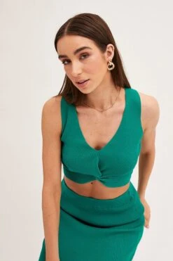 Green Knit Top Crop Sleeveless V-Neck