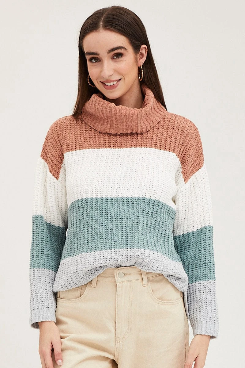 Stripe Knit Top Long Sleeve Relaxed Turtleneck 3 Stripe Knit Top Long Sleeve Relaxed Turtleneck