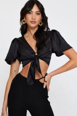 Black Crop Bolero Short Sleeve Tie Up -Midi Dresses Style crop top black crop bolero short sleeve tie up 32966871843009