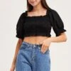 Black Short Sleeve Frilled Edge Shirred Crop Top 2 Black Short Sleeve Frilled Edge Shirred Crop Top -Midi Dresses Style crop top black short sleeve frilled edge shirred crop top 33007164555457