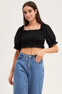 Black Short Sleeve Frilled Edge Shirred Crop Top