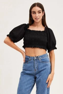 Black Short Sleeve Frilled Edge Shirred Crop Top -Midi Dresses Style crop top black short sleeve frilled edge shirred crop top 33007164620993