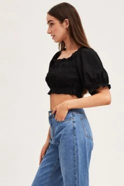 Black Short Sleeve Frilled Edge Shirred Crop Top -Midi Dresses Style crop top black short sleeve frilled edge shirred crop top 33007164653761