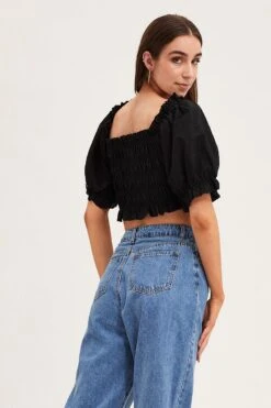 Black Short Sleeve Frilled Edge Shirred Crop Top -Midi Dresses Style crop top black short sleeve frilled edge shirred crop top 33007164686529