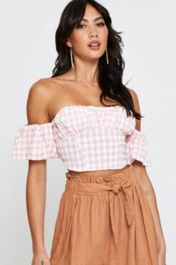 Check Crop Top Off Shoulder Short Sleeve -Midi Dresses Style crop top check crop top off shoulder short sleeve 32967017660609