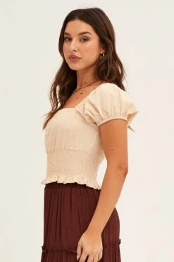 Beige Crop Top Puff Sleeve -Midi Dresses Style crop top nude crop top puff sleeve 33205338046657