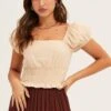 Beige Crop Top Puff Sleeve -Midi Dresses Style crop top nude crop top puff sleeve 33205338079425