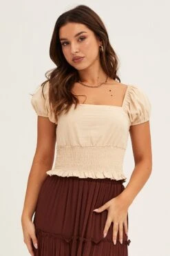Beige Crop Top Puff Sleeve -Midi Dresses Style crop top nude crop top puff sleeve 33205338144961