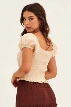 Beige Crop Top Puff Sleeve -Midi Dresses Style crop top nude crop top puff sleeve 33205338177729