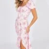 Pink Floral Ruched Bust Midi Dress Short Sleeve