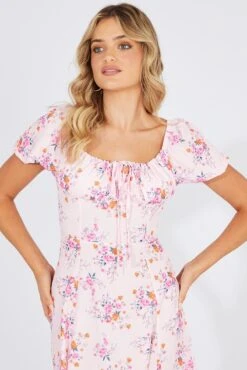 Pink Floral Ruched Bust Midi Dress Short Sleeve -Midi Dresses Style dd0036 51b floral 3