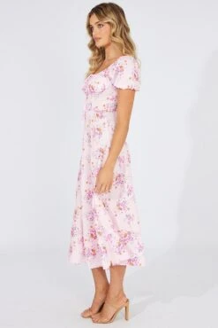 Pink Floral Ruched Bust Midi Dress Short Sleeve -Midi Dresses Style dd0036 51b floral 4