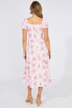 Pink Floral Ruched Bust Midi Dress Short Sleeve -Midi Dresses Style dd0036 51b floral 5