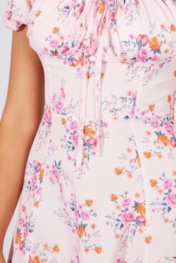 Pink Floral Ruched Bust Midi Dress Short Sleeve -Midi Dresses Style dd0036 51b floral 6