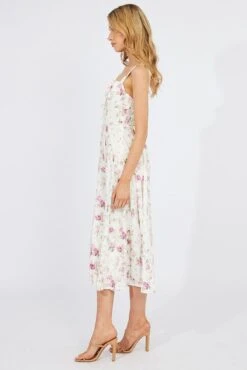 White Floral Midi Dress Gathering Bust Sleeveless -Midi Dresses Style dd0038 51b floral 4