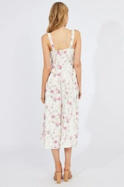 White Floral Midi Dress Gathering Bust Sleeveless -Midi Dresses Style dd0038 51b floral 5