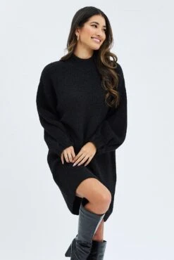 Black Knit Dress Long Sleeve Turtleneck Oversized