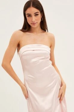 Pink Satin Straight Midi Dress -Midi Dresses Style dd12413 f pink 2