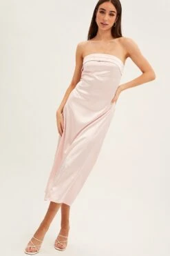 Pink Satin Straight Midi Dress -Midi Dresses Style dd12413 f pink 3