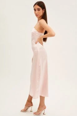 Pink Satin Straight Midi Dress -Midi Dresses Style dd12413 f pink 4