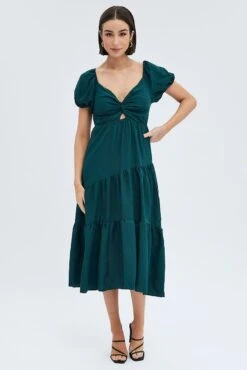 Green Midi Dress Short Sleeve Cut Out -Midi Dresses Style dd1270 81r forest 3