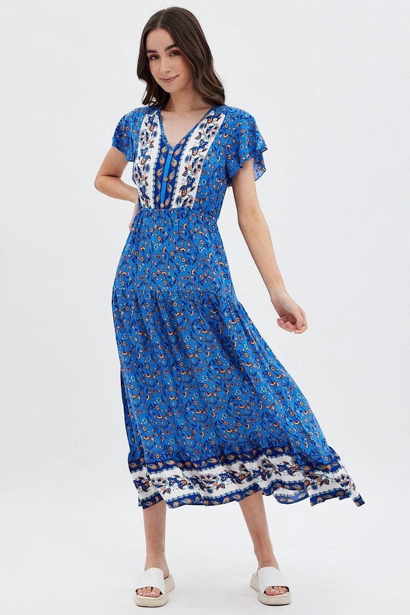 Blue Boho Bell Sleeve Midi Dress 3 Blue Boho Bell Sleeve Midi Dress
