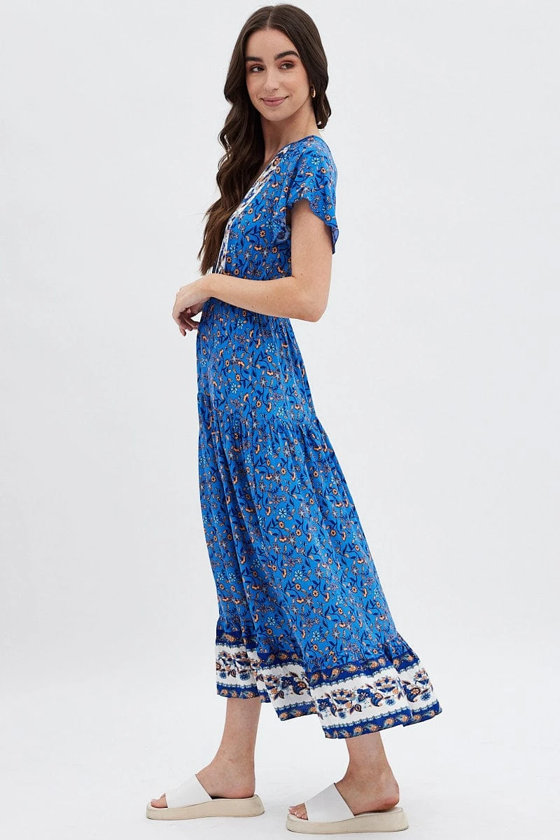 Blue Boho Bell Sleeve Midi Dress 4 Blue Boho Bell Sleeve Midi Dress - Image 2