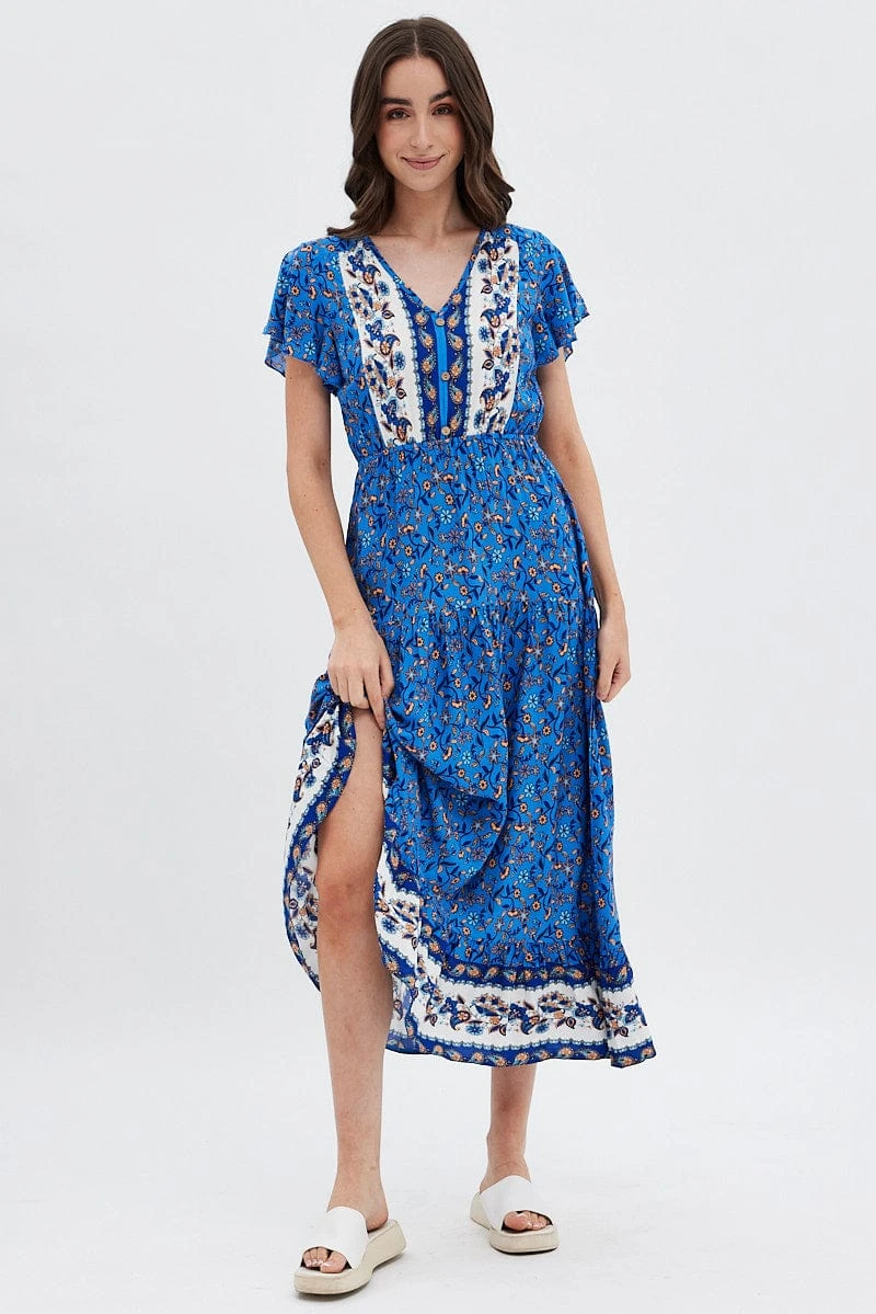 Blue Boho Bell Sleeve Midi Dress 5 Blue Boho Bell Sleeve Midi Dress - Image 3